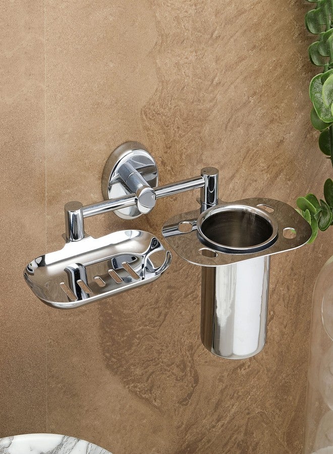 فورتون صحن صابون جداري فاخر من FORTUNE مع حامل أكواب وحامل فرشاة أسنان للمنازل والفنادق ومراكز الاستحمام، إكسسوارات حمام، ديكور كروم - (صحن صابون كروي من الفولاذ المقاوم للصدأ + كوب، عبوة من قطعة واحدة) - Image 1